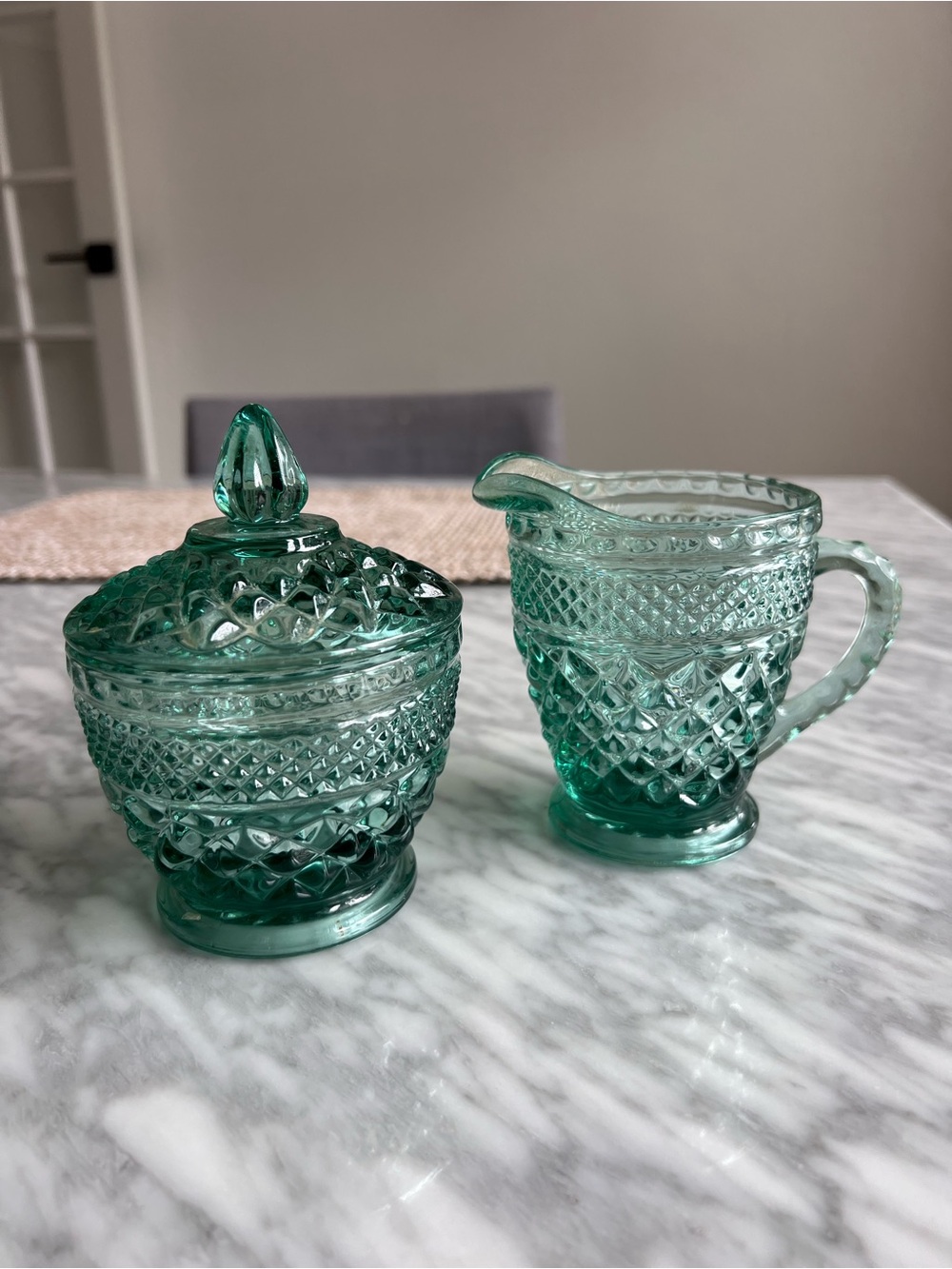 Vintage Anchor Hocking Green Glass Creamer and Covered Sugar Set